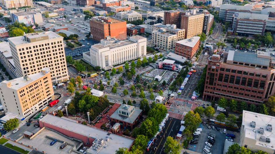 Vibrant aerial shot of a bustling festival in downtown Chattanooga, Tennessee.