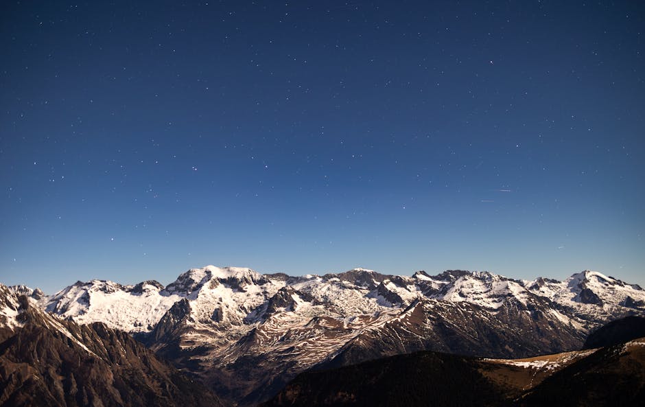 Breathtaking panoramic view of snow-capped mountains under a starry night sky in the Pyrenees, Spain.